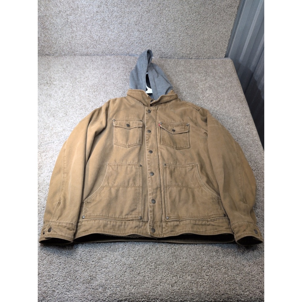 Levi Strauss & Co Mens Tan Canvas Sherpa Lined Hooded Workwear Jacket Size M